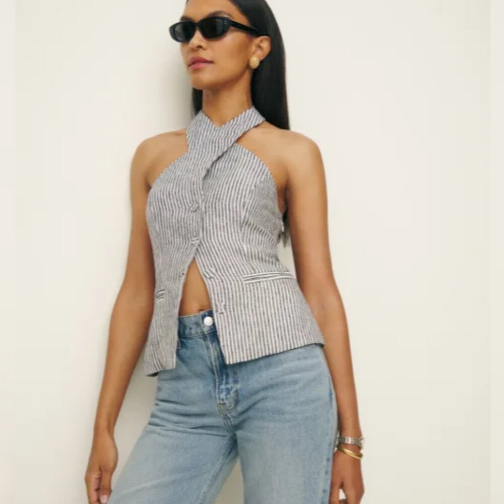 NWOT Reformation Tate Linen Top in Vineyard Navy Stripe Sleeveless Halter Size 6